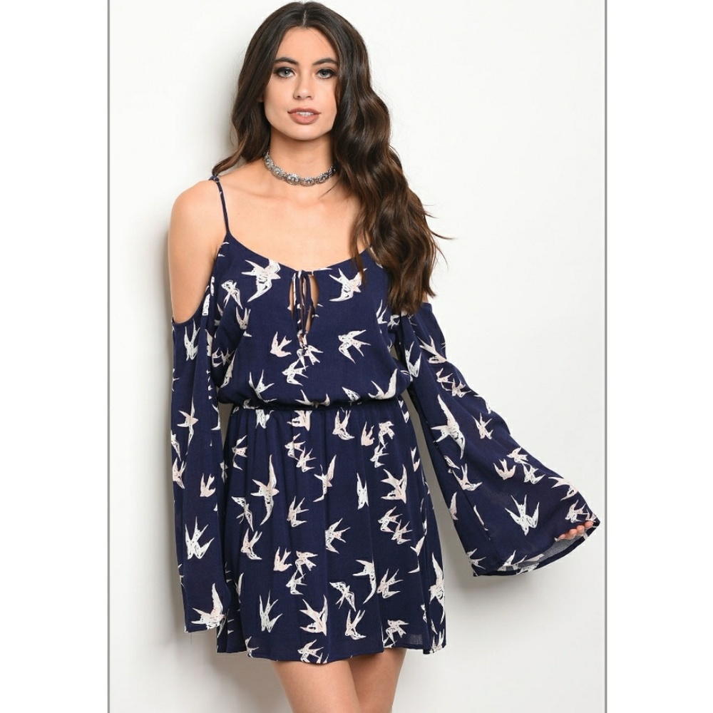 Navy Blue Cold Shoulder Dress with Sparrow Print